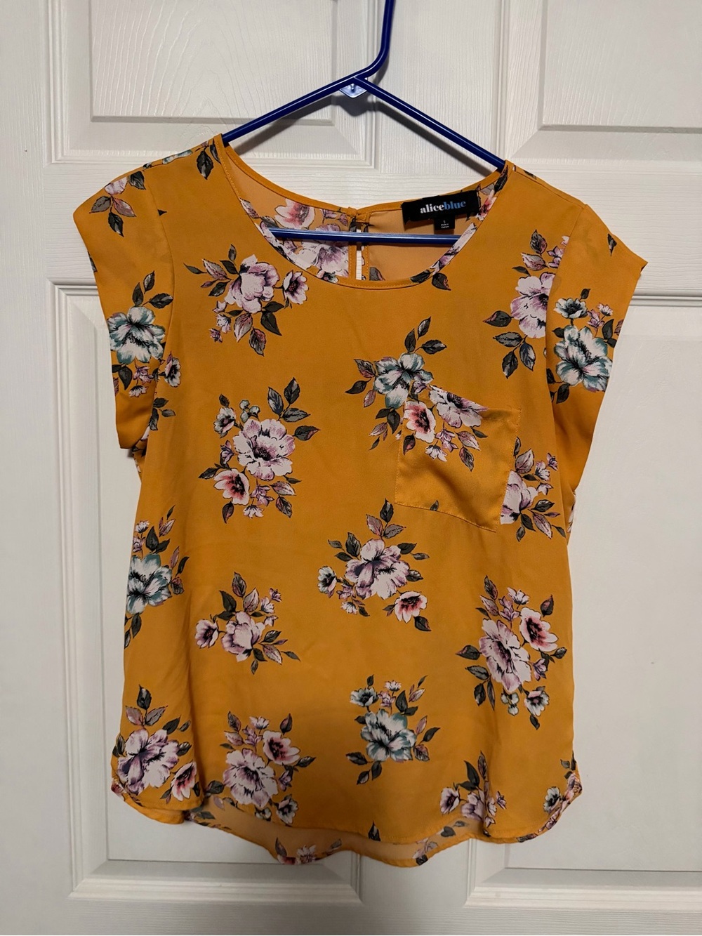 Alice Blue Mustard Floral Short Sleeve Pocket Blouse